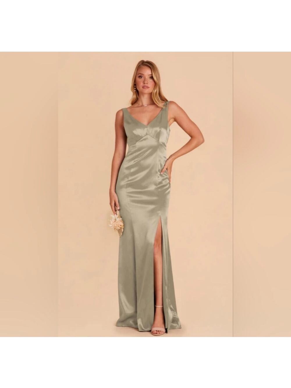Birdy Grey Gloria V-Neck Sleeveless Formal Gown Satin Moss Green Medium NWT